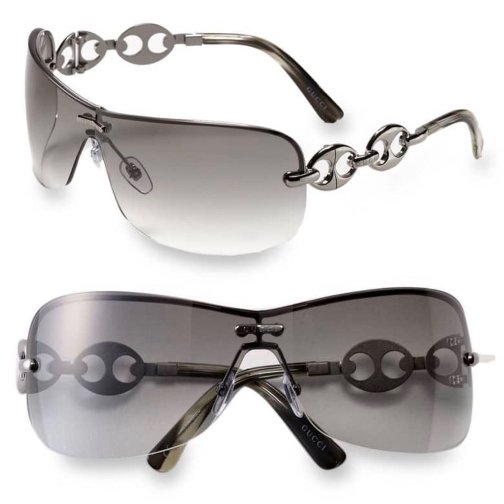 Gucci Rimless Shield Sunglasses with Chain Detail